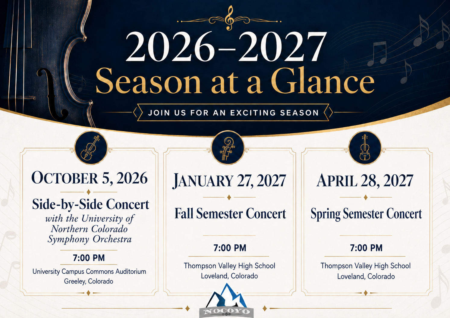 Official NoCoYO 2026–2027 season dates and locations